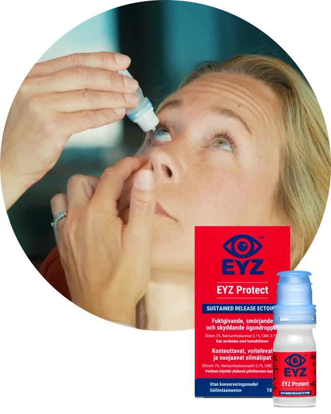 Kvinna som applicerar EYZ Protect i torra ögon